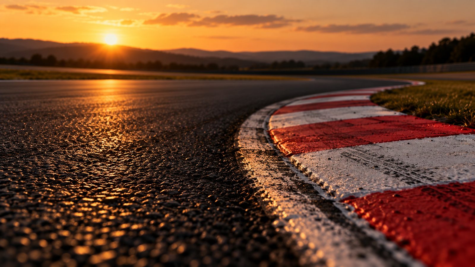 Red-and-white kerb on a racing circuit at sunset